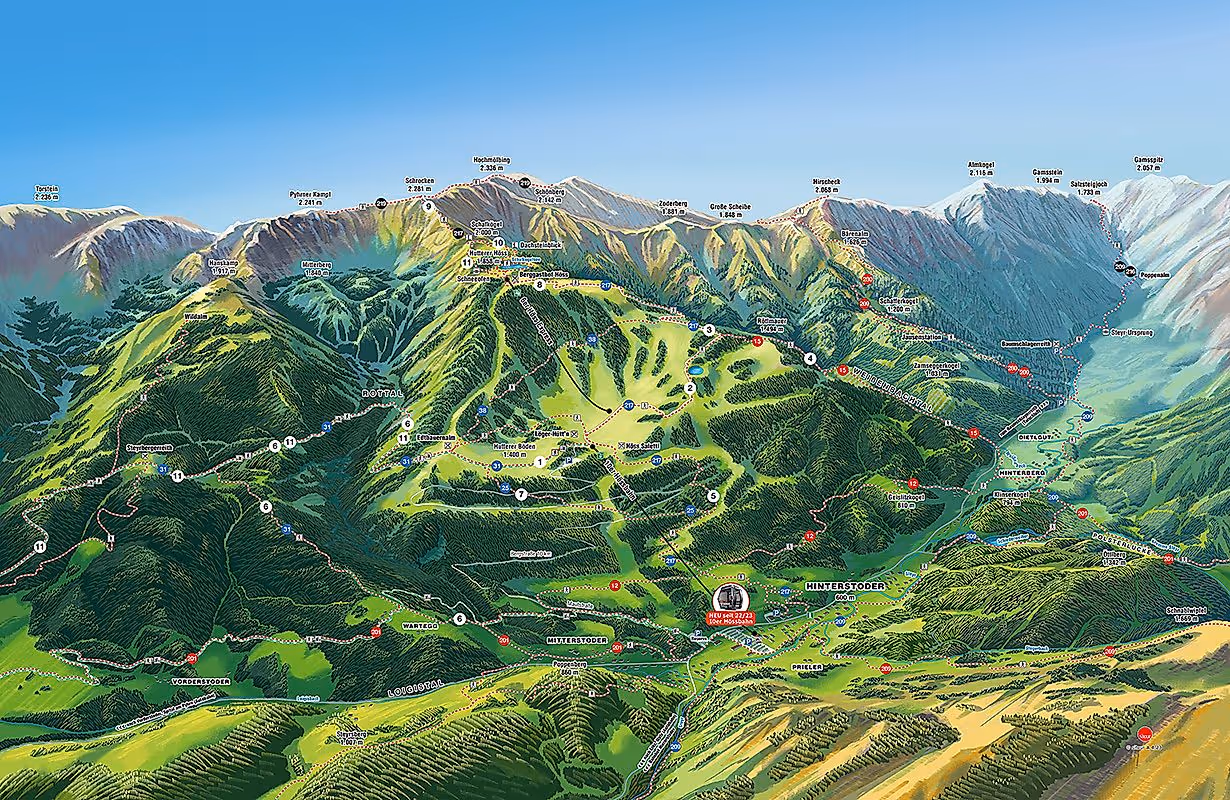 Mappa panoramica della regione montana estiva di Hinterstoder