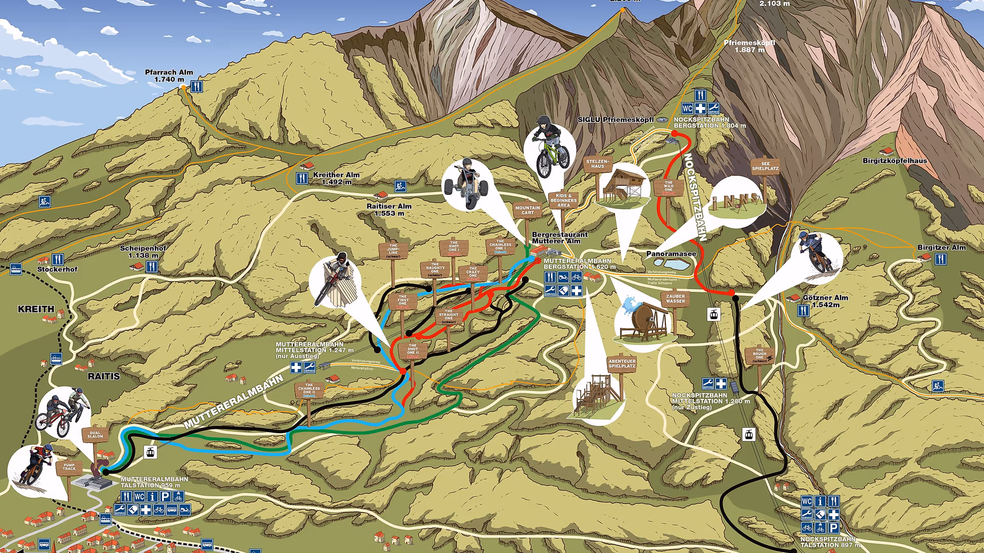 Mappa panoramica in stile fumetto della regione montana estiva di Mutters in Tirolo