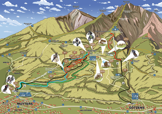 Mappa panoramica in stile fumetto della regione montana estiva di Mutters in Tirolo