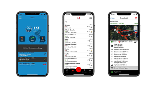 iSKI Tracker: schermata iniziale, elenco delle località con pulsante di tracciamento, dettagli del tracciamento